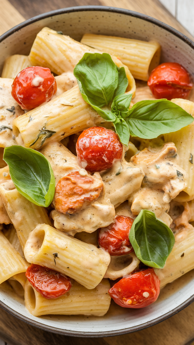 Burst Cherry Tomato Basil Chicken Rigatoni