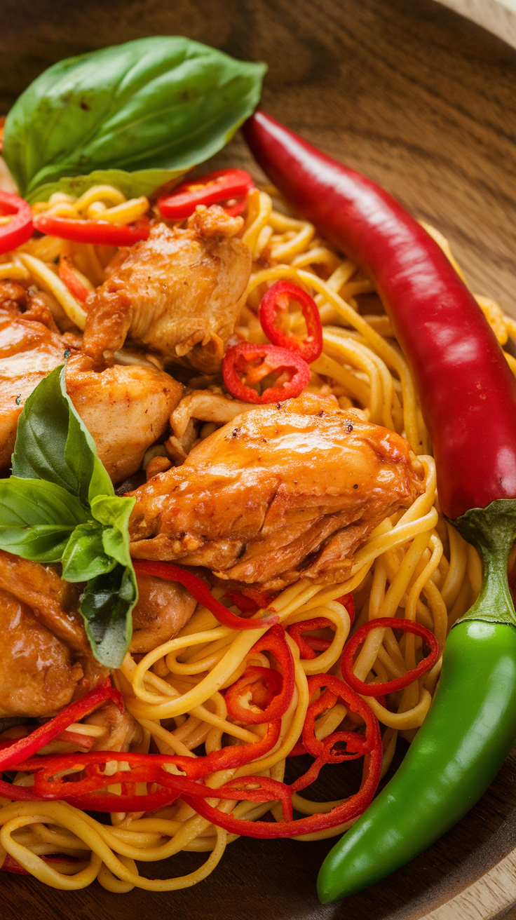 Sweet & Spicy Hot Chili Chicken Noodles with Basil
